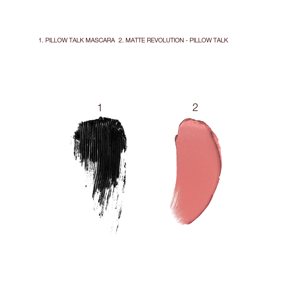 Swatches of a black-coloured mascara and nude pink matte lipstick.