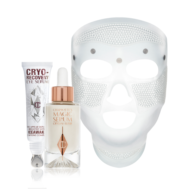 A white-coloured face mask with tiny holes all over the forehead and cheeks area, and large eye, nose, and mouth holes so the mask can comfortably sit on any face size or shape, luminous serum in a glass bottle with a dropper lid, and an open white-coloured eye serum tube with silver-colour geometric patterns on the front and text written on it that reads, 'eye appear depuffed and brighter with Iceawake, caffeine complex'