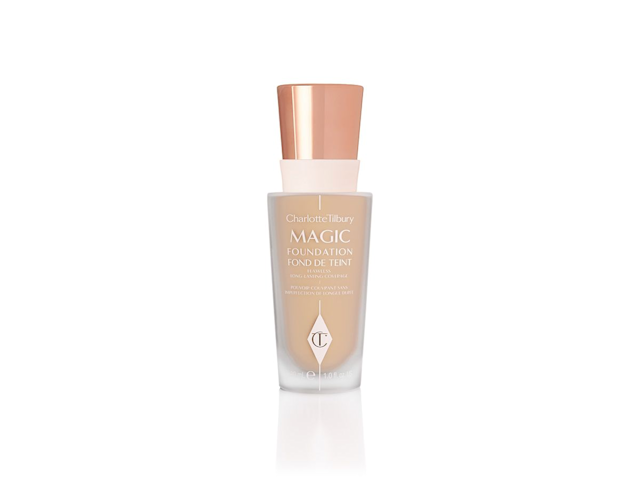 A foundation in a frosted glass bottle with a metallic, rose-gold coloured cap. 