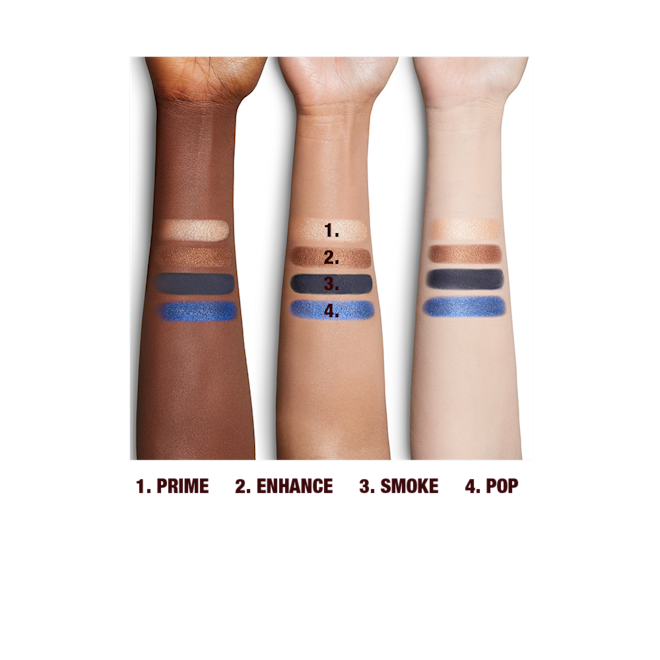 Luxury Palette in Super Blue eyeshadow arm swatches Deep, fair, and tan skin arm swatches of four, matte and shimmery eyeshadows in emerald blue, teal blue, bronze, and champagne colours.