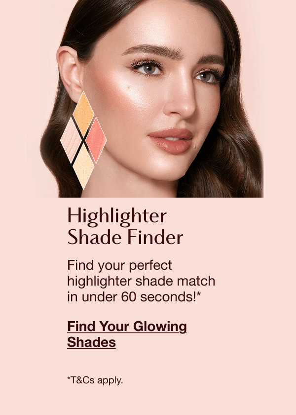 Highlighter Shade Finder featuring a person with highlighted makeup and text inviting users to find their perfect highlighter shade in under 60 seconds.