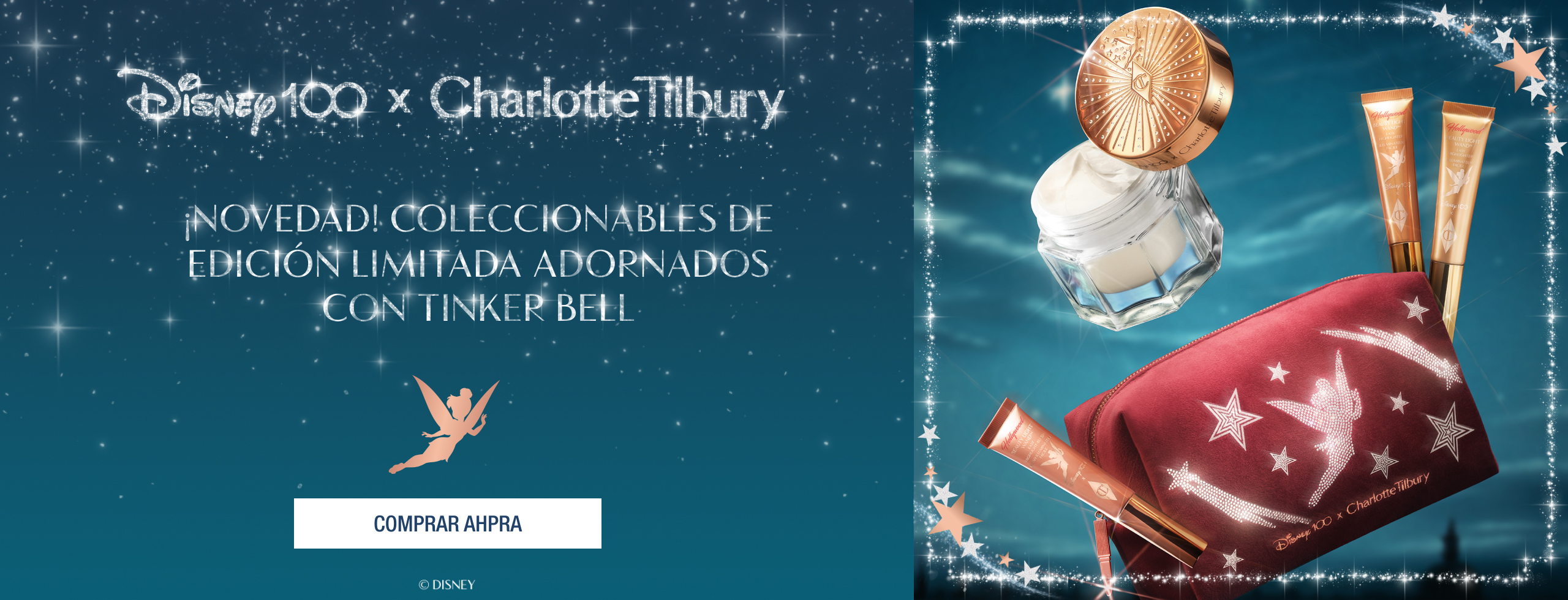 Disney100 x Charlotte Tilbury Magic Cream, Beauty Light Wands and Makeup Bag superimposed on dark night sky.





