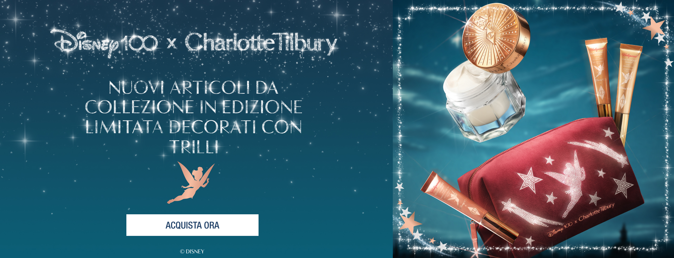 Disney100 x Charlotte Tilbury Magic Cream, Beauty Light Wands and Makeup Bag superimposed on dark night sky.





