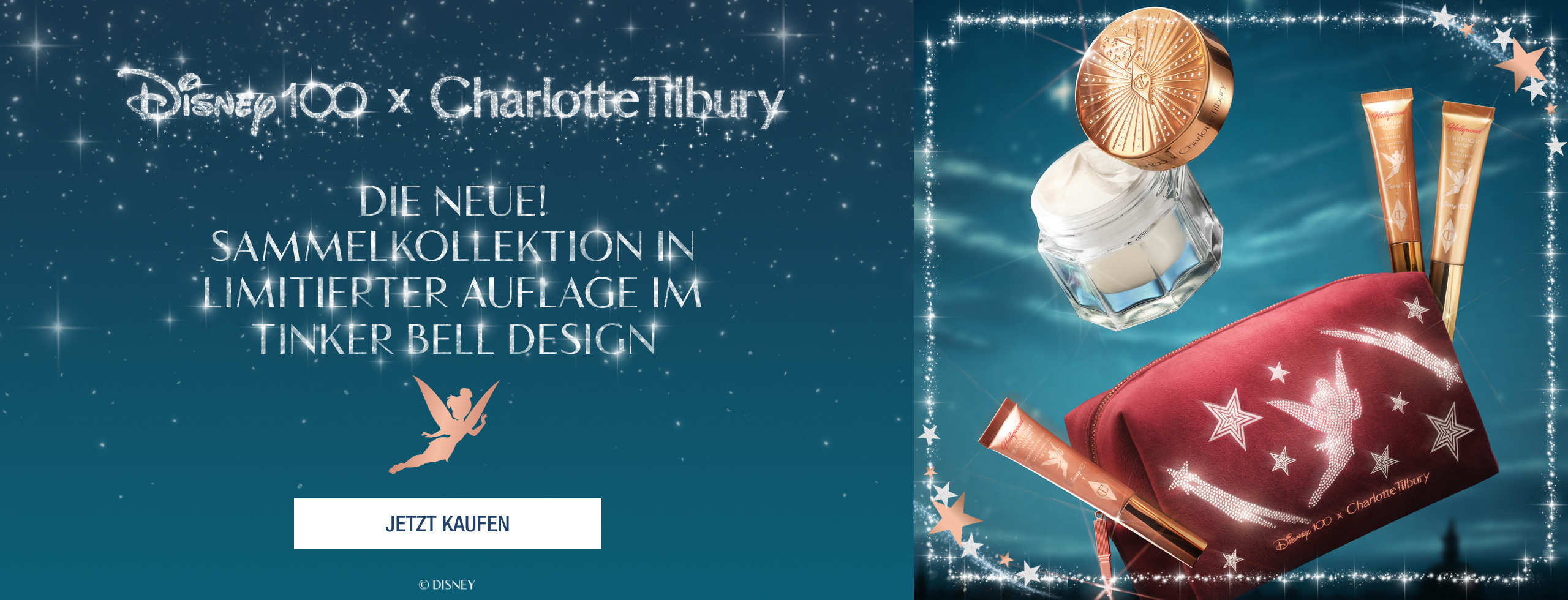 Disney100 x Charlotte Tilbury Magic Cream, Beauty Light Wands and Makeup Bag superimposed on dark night sky.





