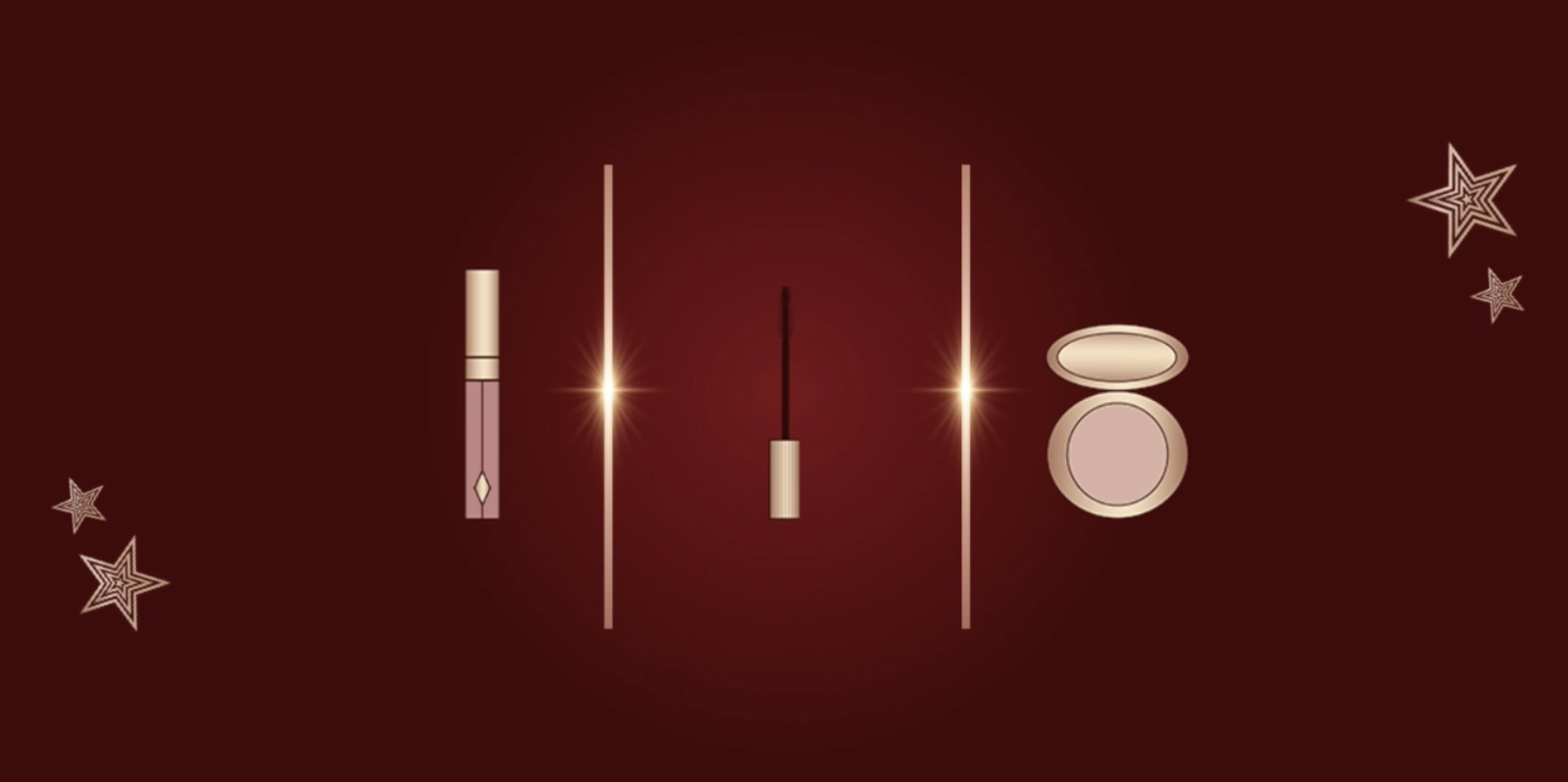 Illustrations of a nude pink lip gloss, an eyeliner wand, and a duo blush compact with a mirrored lid,
