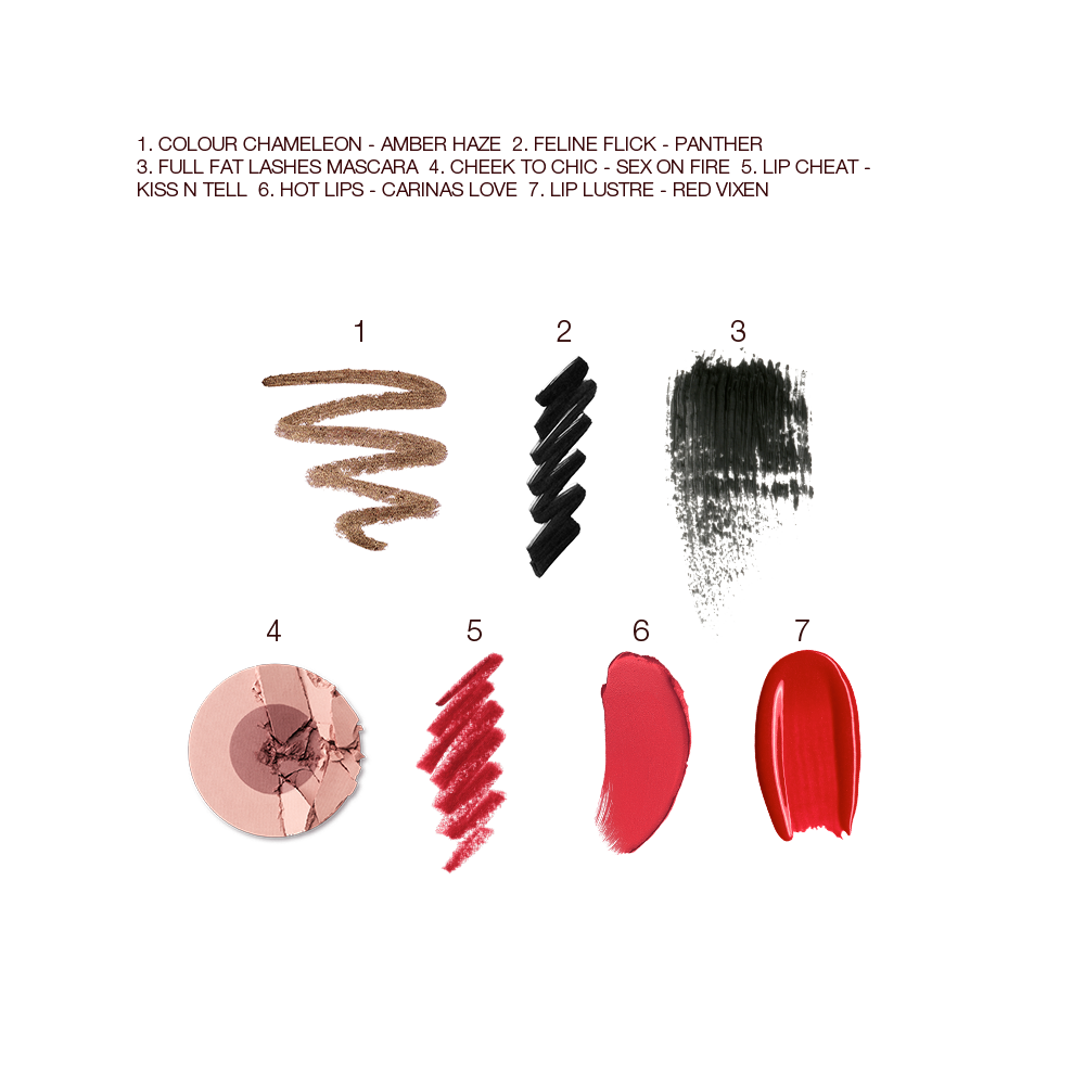 Swatches of eyeshadow in bronze, black eyeliner, black mascara, two-tone blush in mauve and pink-brown, lip liner in bright red, lipstick in orange-red, and lip gloss in bright red. 