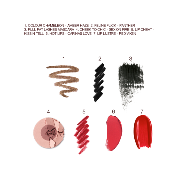 Swatches of eyeshadow in bronze, black eyeliner, black mascara, two-tone blush in mauve and pink-brown, lip liner in bright red, lipstick in orange-red, and lip gloss in bright red. 