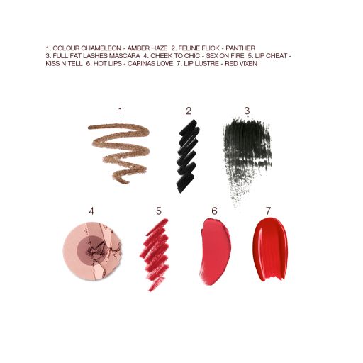 Swatches of eyeshadow in bronze, black eyeliner, black mascara, two-tone blush in mauve and pink-brown, lip liner in bright red, lipstick in orange-red, and lip gloss in bright red. 