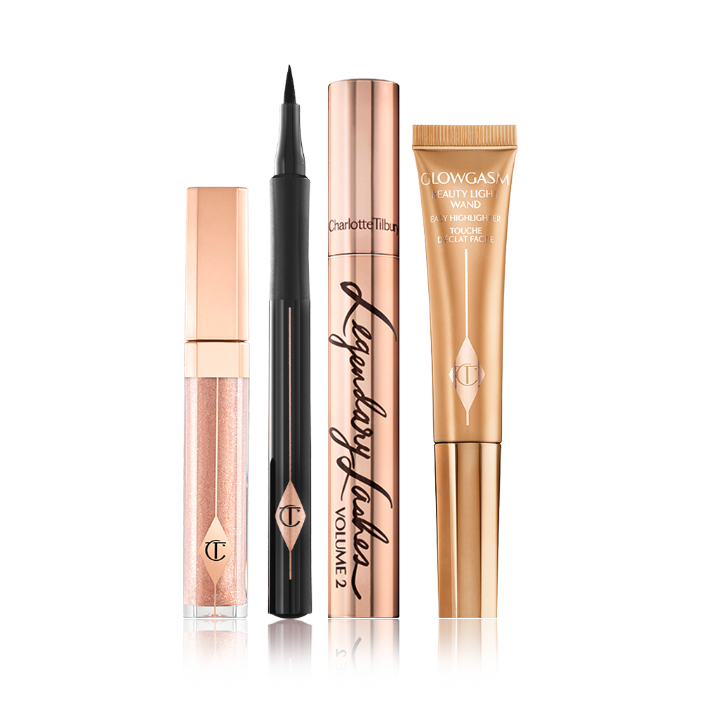 Ibiza Nights Makeup Look Pack Shot with legendary lashes mascara, lip lustre lip gloss, beauty light wand highlighter and feline flick eyeliner.