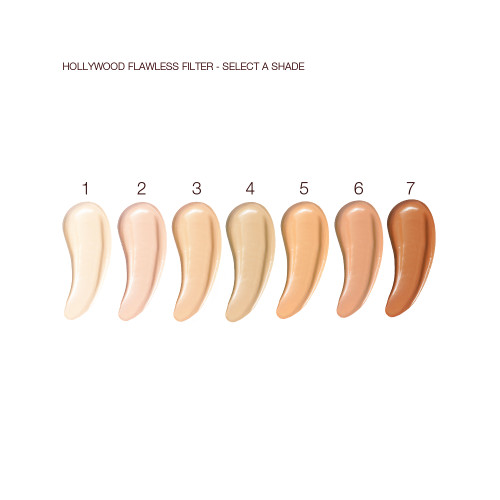 Swatches of an illuminating liquid primer in seven shades for fair to deep skin tones.