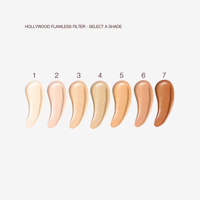 Hollywood Flawless Filter shades swatches Swatches of an illuminating liquid primer in seven shades for fair to deep skin tones.
