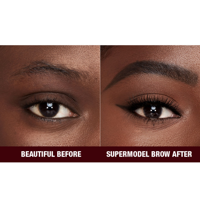 Close-up before and after of a deep-tone model with brown eyes with bare brows on one side and thick, filled, and lined eyebrows on the other side after applying a natural-black-coloured eyebrow pencil.