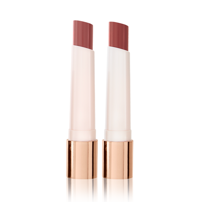 Two, open, moisturising lipstick lip balms in nude pink and peachy rose shades. 