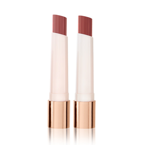 Two, open, moisturising lipstick lip balms in nude pink and peachy rose shades. 