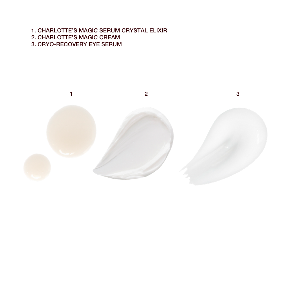 Swatches of a luminous beige-coloured face serum, white-coloured eye serum, and pearly-white face cream. 