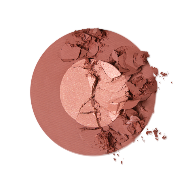 A round, partially crushed, two-tone powder blush with a pinky-brown outer circle and rose gold inner circle. 