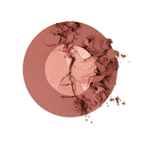 A round, partially crushed, two-tone powder blush with a pinky-brown outer circle and rose gold inner circle. 