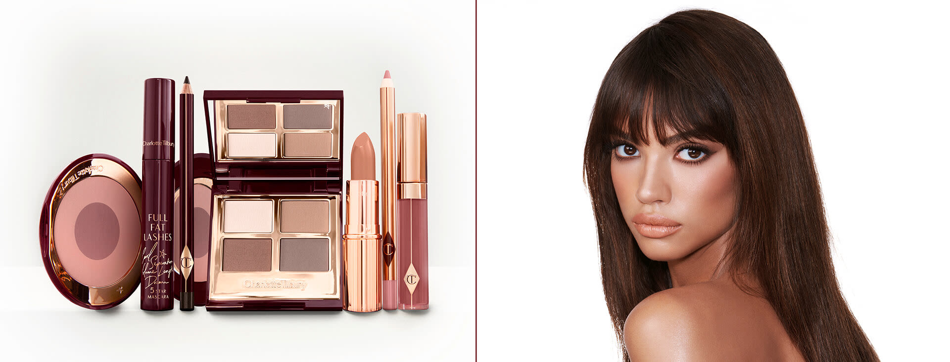 A medium-tone model with brown eyes wearing smokey brown eye makeup with muted pink blush with glossy soft-brown lips along with 7 makeup products, which are a quad eyeshadow palette in shades of champagne, gold, and bronze, a dark brown eyeliner pencil, mascara, a two-tone brown and pink powder blush, tawny-brown lip liner, a terracotta lipstick, and a deep pinkish-red lip gloss. 