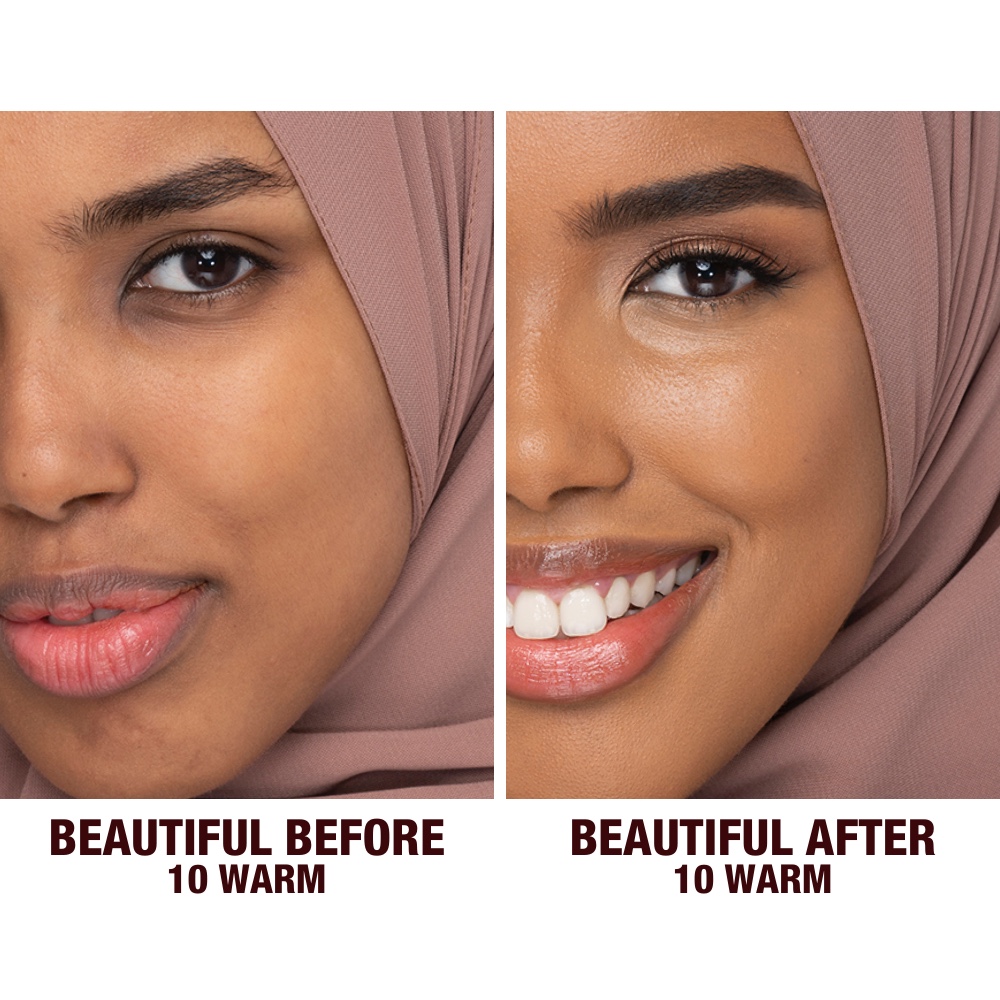 Before and after shots of a deep-tone model without any makeup and then wearing glowy, flawless skin, wearing skin-like foundation that adds a youthful glow and looks natural along with nude pink lipstick and subtle everyday eye makeup.