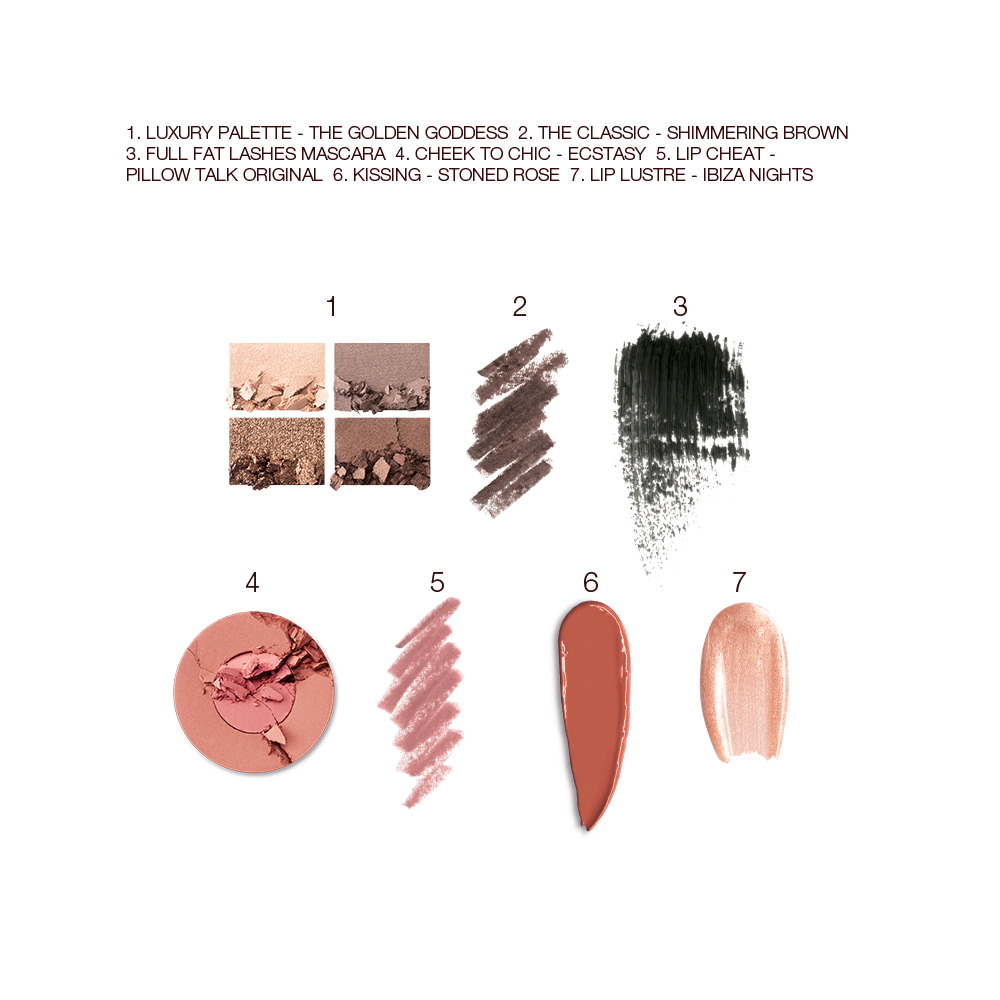 Swatches of a quad eyeshadow palette in matte and shimmery nude brown shades, brown eyeliner and black mascara, two-tone blush in golden peach and warm pink, lip liner in nude pink, lipstick in terracotta, and lip gloss in golden peach. 