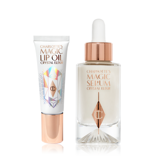 A lip oil in white and rose-gold packaging and a pearly-white face serum in a frosted glass bottle with a dropper, in a rose-gold and white colour scheme. 