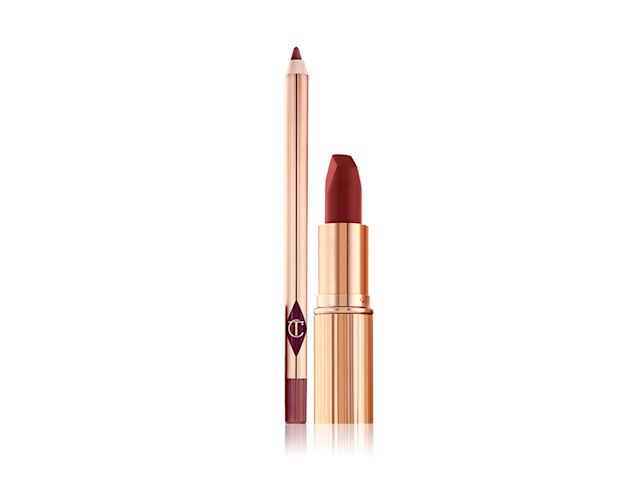 Lip liner pencil and matte lipstick in neutral wine red colour with gold-coloured packaging.