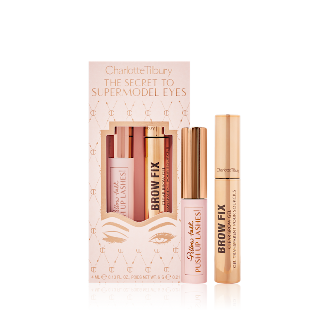 Kit para los ojos en rosa claro y caja de regalo dorada con un gel para esculpir las cejas y una máscara de pestañas negra.