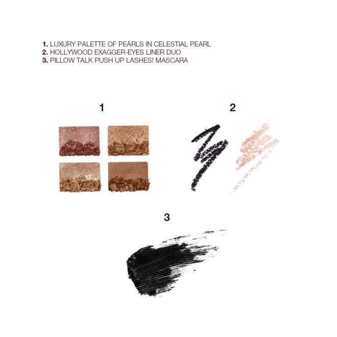 Swatches of a quad eyeshadow palette with soft earthy-tones in shades of pink, brown, and gold, and a double-ended eyeliner pen in black and nude beige, and black mascara.