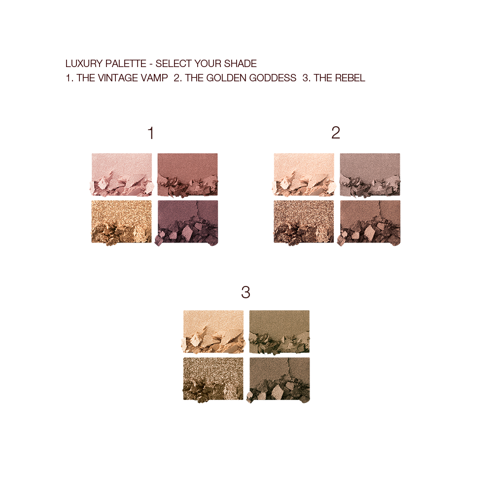 Swatches of three, quad eyeshadow palettes with matte and shimmery eyeshadows in shades of pink, red, brown, purple, gold, grey, and green eyeshadows. 