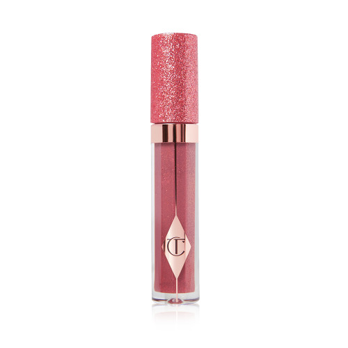 A berry-pink lip gloss in a glass tube with a shimmery strawberry-red lid. 