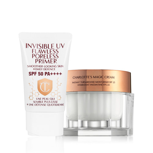 A primer with SPF in a white coloured-tube with a white-coloured lid and pearly-white cream in a glass jar with a gold-coloured lid.
