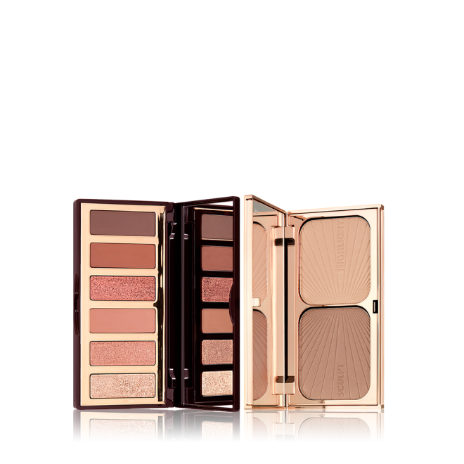 Open, mirrored-lid sunset-inspired eyeshadow palette with an open, mirrored-lid contour palette. 