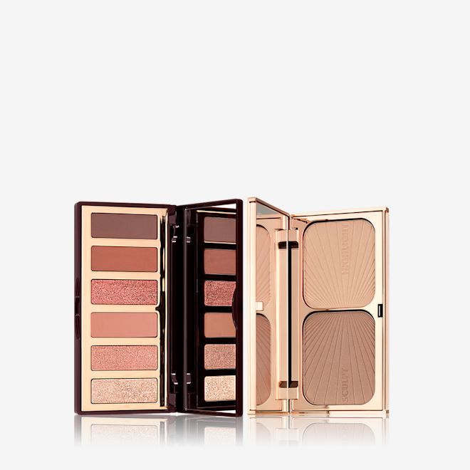 Sun-kissed Bohemian Beauty Eye and Cheek Duo Open, mirrored-lid sunset-inspired eyeshadow palette with an open, mirrored-lid contour palette.