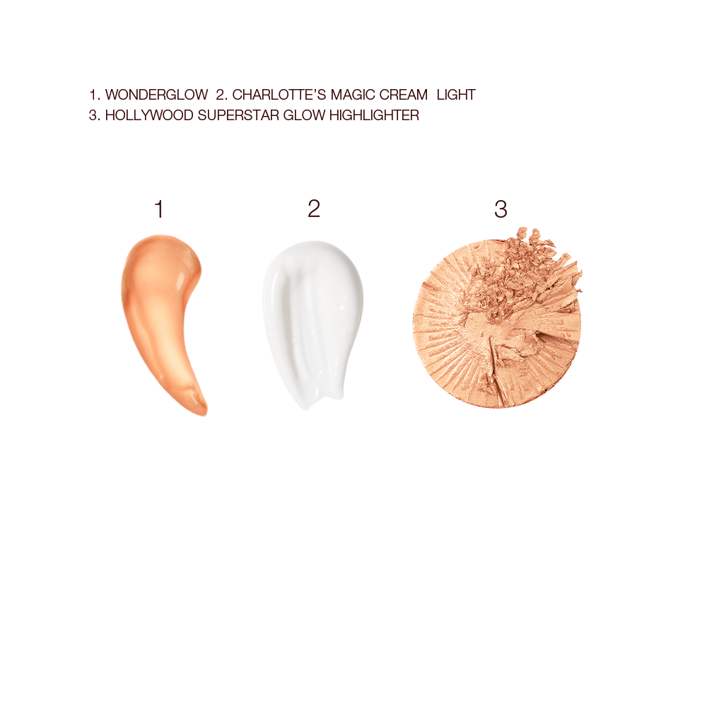 Swatches of a glowy rose-gold-coloured primer, pearly-white face cream, and rose-gold powder highlighter.