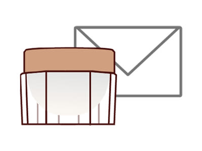 An illustration of a face cream in a glass jar with a gold-coloured lid and an envelope behind it.