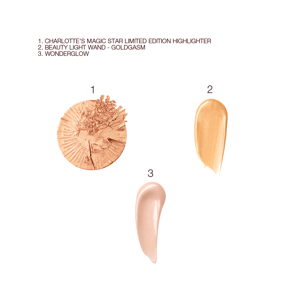 Swatches of a powder highlighter in a soft gold colour, liquid highlighter in a honey gold shade, and glowy primer in a soft pinky-beige colour. 