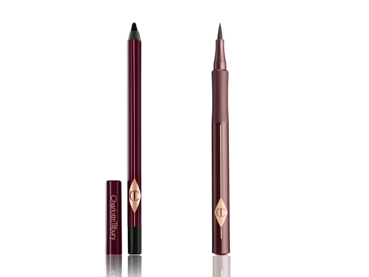 An open kohl liner in a black shade with its lid next to it with an open eyeliner pen in warm brown shade. 