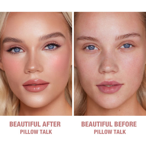 A fair-skin model shows the before and after makeup look using a tawny pink liquid blush.
