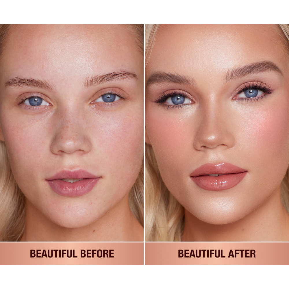 Un mannequin à la peau claire montre le look avant/après avec un blush liquide rose fauve.