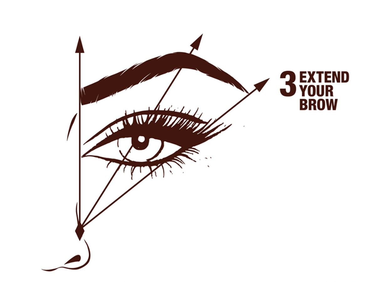 An illustration on how to fill and line your eyebrows to extend them with an eye and nose drawn along with arrows pointing at the start and end of the brow.