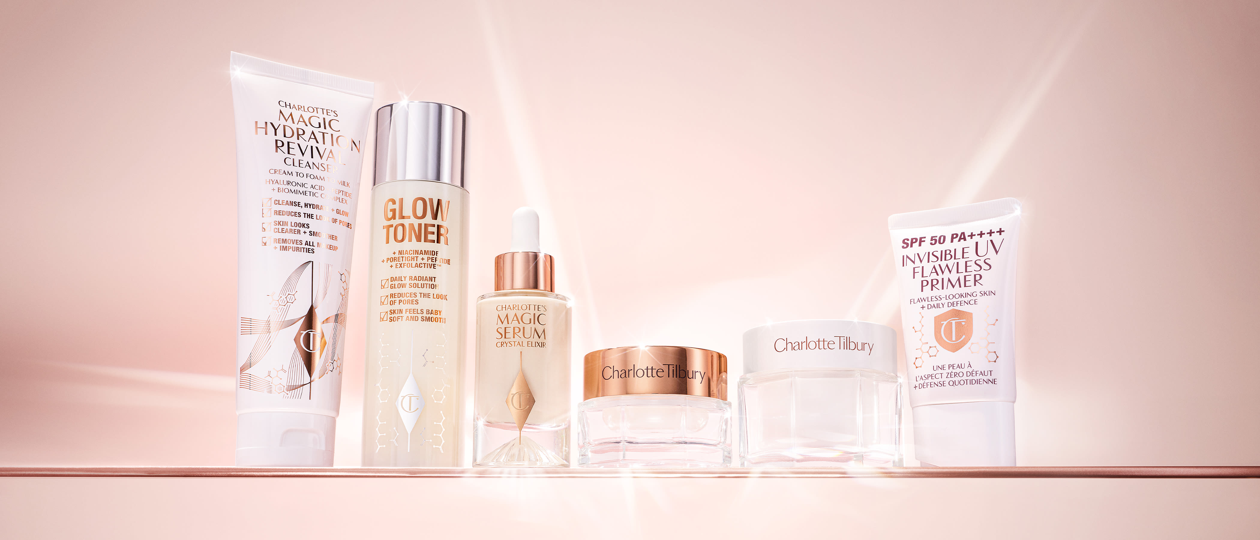 Charlotte Tilbury cleanser, toner, serum, moisturiser and primer 