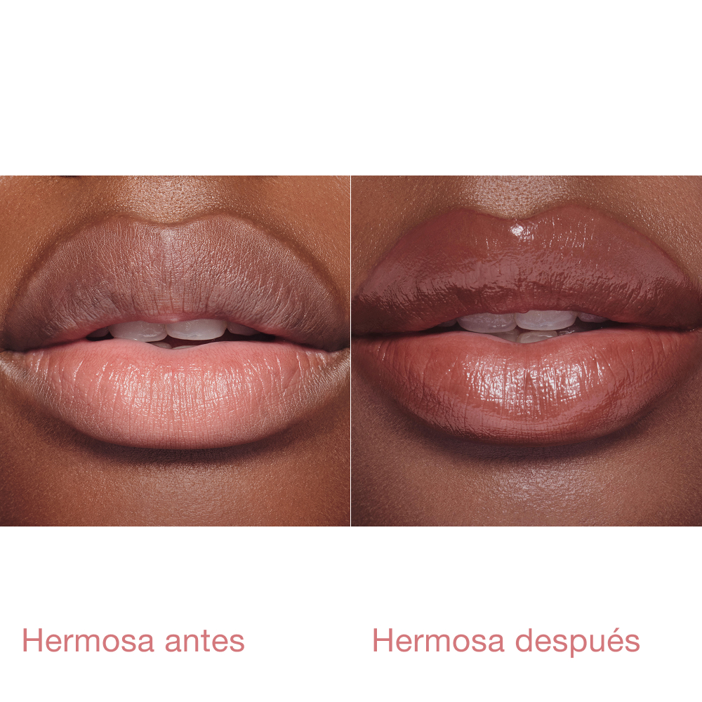 Modelo antes y después de aplicar Pillow Talk Blush Balm Lip Tint en 90s Kiss