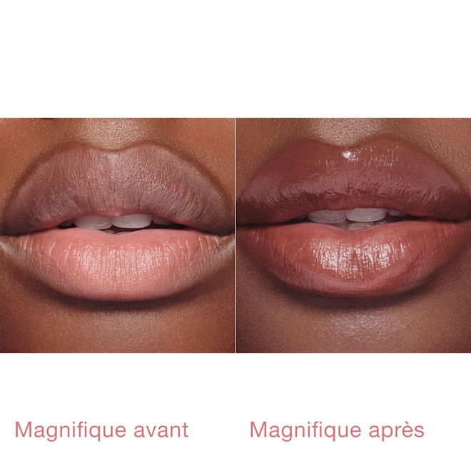 Pillow Talk Blush Lip Tint – Mannequin avec 90s Kiss, avant/après Pillow Talk Blush Lip Tint – Mannequin avec 90s Kiss, avant/après
