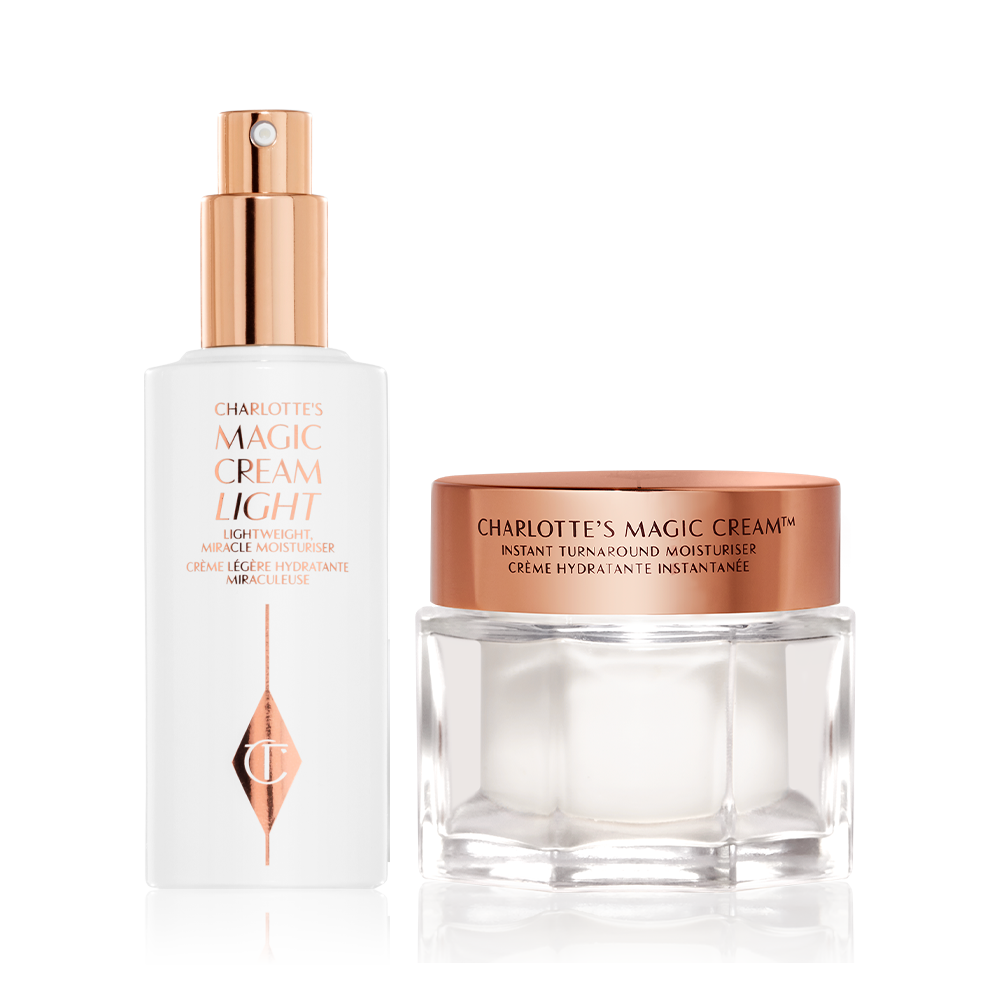 An open bottle of face cream with a pump and in white and gold packaging with a pearly-white face cream in a glass jar with a rose-gold-coloured lid. 