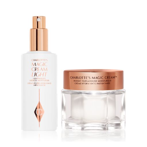 An open bottle of face cream with a pump and in white and gold packaging with a pearly-white face cream in a glass jar with a rose-gold-coloured lid. 