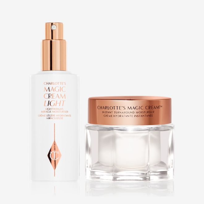 The Magic Cream moisturiser kit An open bottle of face cream with a pump and in white and gold packaging with a pearly-white face cream in a glass jar with a rose-gold-coloured lid.