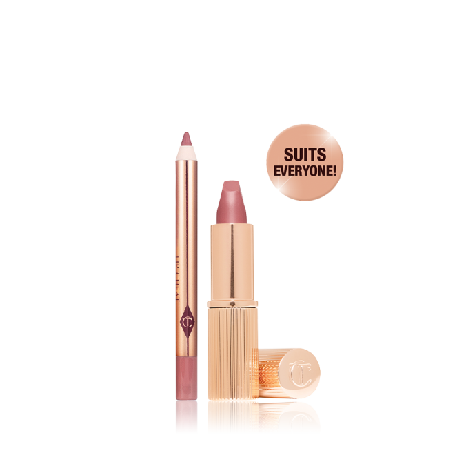 An open mini lipstick in a nude pink colour with its lid next to it and a mini lip liner pencil in a nude pink shade, with text on the banner that reads, 'Suits everyone'