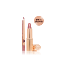 An open mini lipstick in a nude pink colour with its lid next to it and a mini lip liner pencil in a nude pink shade, with text on the banner that reads, 'Suits everyone'