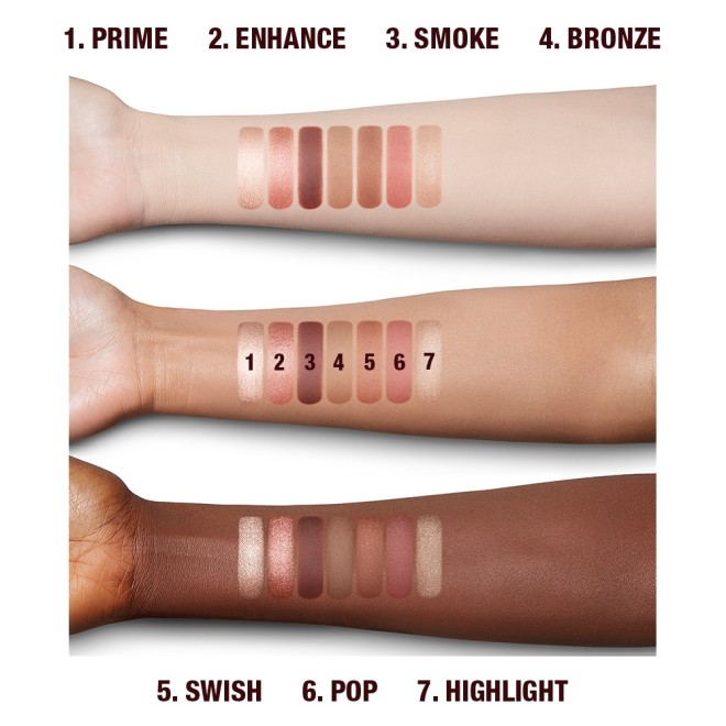 Fair, tan, and deep-tone arms with swatches of a face palette with three rose gold, dusky pink, and plum-coloured eyeshadows, two blushes in soft peach and medium-pink, light brown bronzer, and soft, gold-coloured highlighter.