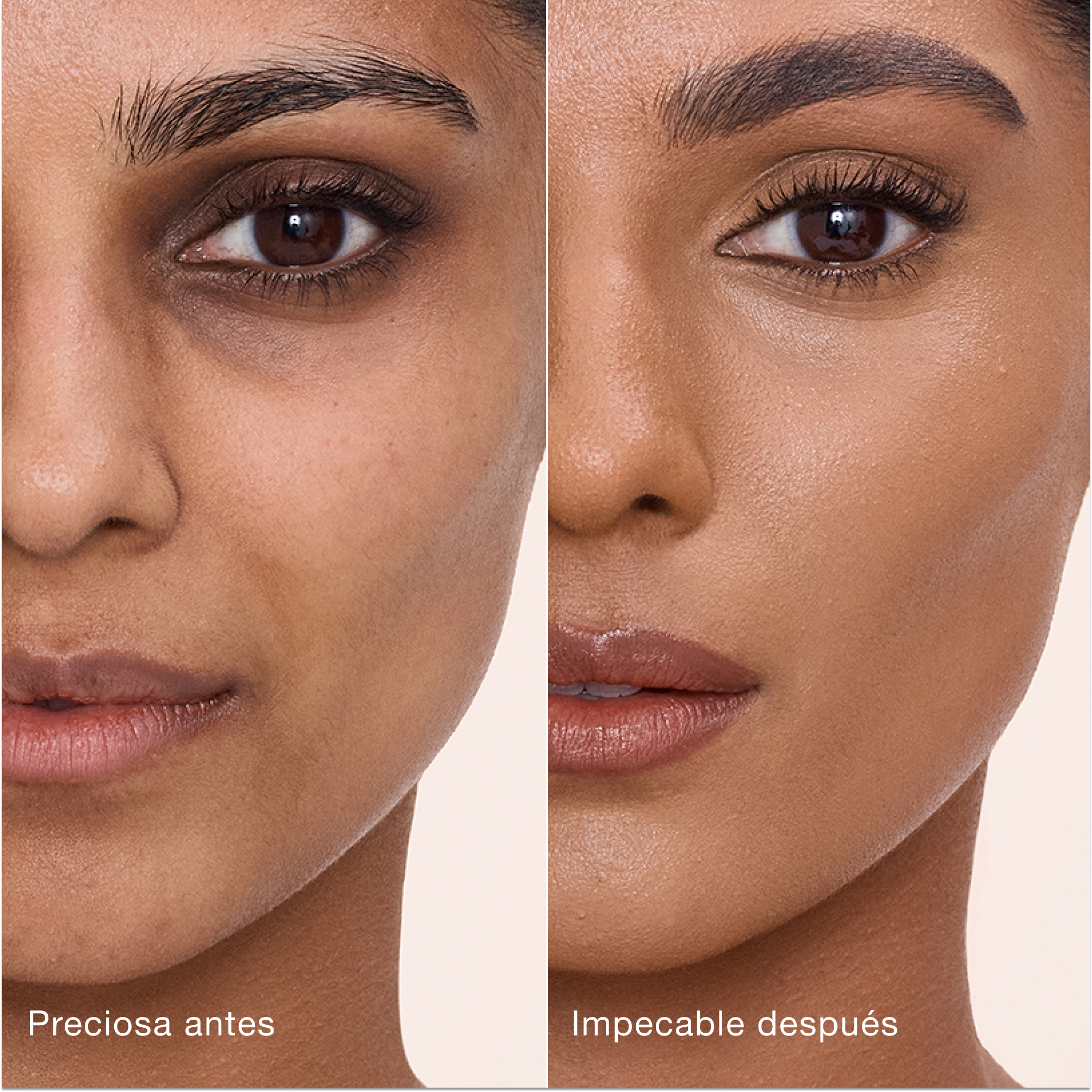 Comparación paralela que muestra la piel antes y después de aplicar el corrector Charlotte Tilbury Airbrush Flawless Concealer con las etiquetas de texto «Preciosa antes» y «Perfecta después».
